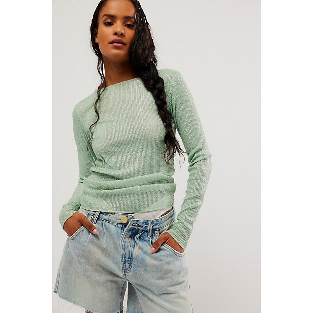 Free People Y2K Romantic Shimmer Sparkle Sequins Long Sleeve Mint Green NWoT